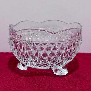 Vintage Indiana Glass Diamond Point Crystal Footed Candy Dish Bowl Scalloped Rim